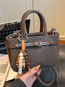 Women Casual PU Leather Checkerboard Crossbody Bag Small Tote Handbag With Bead Pendant Vintage Fashion Shoulder Bag For Daily