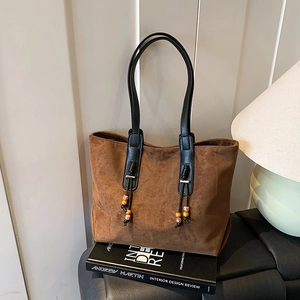Borsa Tote Vintage Donna Grande Capacità Effetto Camoscio Smerigliato Tracolla Nappine Perle Legno Casual Pendolare Sottobraccio