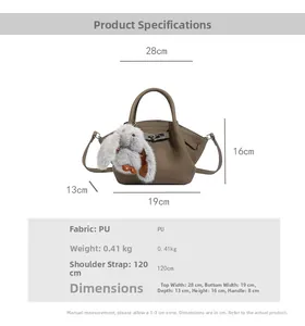 Detailed size chart for the khaki PU leather handbag with plush rabbit accessory