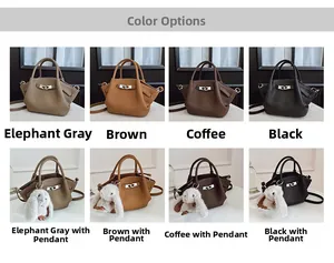 Lindy style leather handbags in elephant gray brown and black with plush rabbit charm detail
