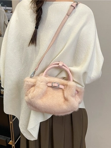 Bolso de mano rosa de felpa sintética con asa superior y bandolera para mujeres