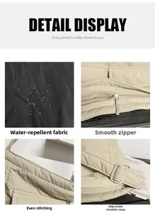 Detail view of water-resistant fabric, smooth metal zipper and adjustable strap of tote bag