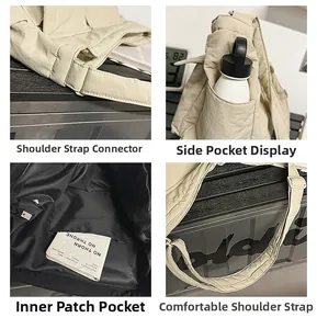 Detail view of beige tote bag showing side pockets, inner lining and adjustable straps