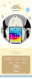 Size chart for quilted nylon backpack measuring 30x15x44cm with weight of 0.38kg