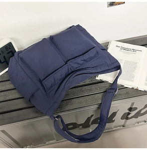 Close-up of a navy blue quilted tote bag featuring dual front pockets and water-resistant nylon