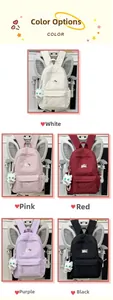Detailed view of quilted diamond pattern and plush cat pendant on five colorful backpacks