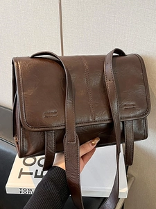 Vintage Wrinkled PU Leather Large Tote Bag Women Retro Messenger Flap Crossbody Shoulder Bag Casual Daily Commute Handbag