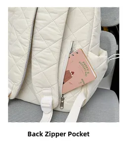 Detailed view of the back anti-theft zipper pocket on the white quilted backpack