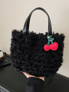 Plush Bucket Bag For Women Faux Fur Lamb Wool Tote Bag With Cherry Charm Leather Handle Autumn Winter Fashion Handbag Small Pouch