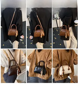 Detailed views of vintage bowling bags in various colors with decorative wood beads