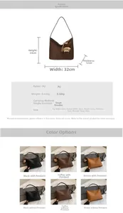Detailed size guide and color options for large capacity retro PU shoulder bag