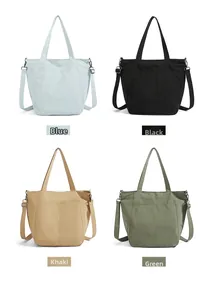 Collage of chic nylon tote bags in blue, black, khaki, and green with front pockets