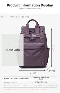 Detailed view of purple waterproof nylon backpack with dimension specs and multiple pockets