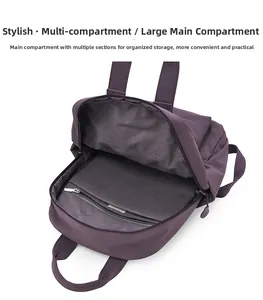 Internal view of purple nylon backpack showing multi-layer compartments and large capacity