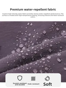 Close-up of waterproof purple nylon fabric showing water droplets and scratch resistance