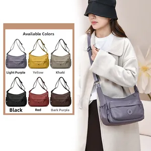 Nylon waterproof crossbody bag shown in six colors with a model carrying the lilac option