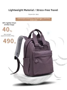 Detail view of the lightweight 490g purple nylon backpack with breathable mesh straps