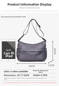 Waterproof nylon shoulder bag detail showing multiple pockets and dimensions 26x11x20cm