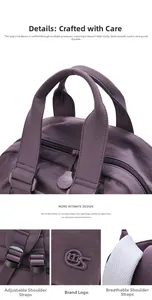 Detail of purple nylon backpack featuring breathable mesh straps and adjustable buckles
