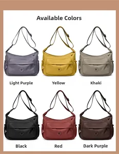 Waterproof nylon crossbody bags shown in six colors including purple, khaki and black