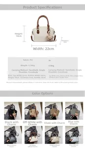 Detailed sizing chart and material specs for the stylish PU leather bucket handbag