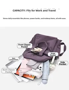 Detailed capacity view of the purple nylon travel backpack showing functional compartments
