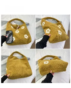Four perspectives of ginger yellow plush floral tote bag with wooden bead drawstring