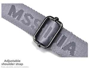 Close-up of adjustable grey fabric shoulder strap with premium black metal buckles