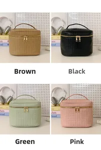 Quilted waterproof cosmetic bag shown in four colors: brown, black, green, and pink