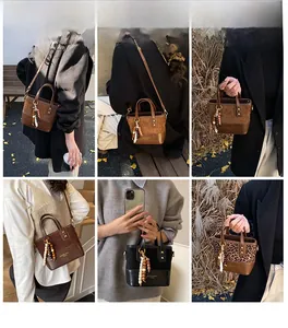 Collage of vintage bucket bags in brown and leopard print with beaded charm details