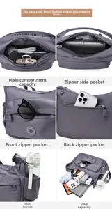 Detailed six-grid view of a purple waterproof nylon shoulder bag with multiple storage pockets