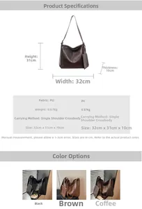 Detailed size chart and specifications for the large capacity vintage PU tote bag