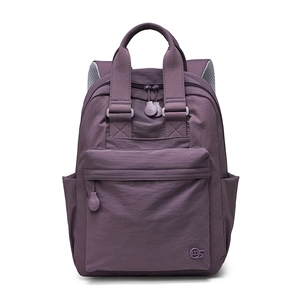 Detailed front view of deep purple nylon backpack with front pocket and top handles