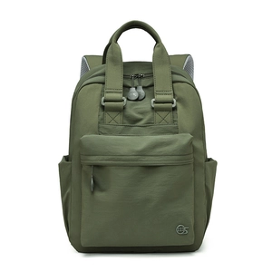 Detail of army green nylon backpack with front pocket, side pockets and dual handles