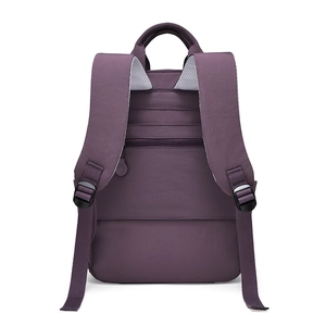 Detail view of purple nylon backpack with breathable mesh straps and anti-theft back pocket