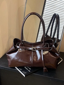 Women Vintage Glossy PU Leather Tote Bag Large Capacity Commuter Shoulder Bag Fashion Handbag With Magnetic Buckle