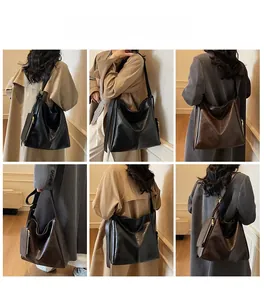 Collage of model wearing black and brown large tote bags in casual office outfits