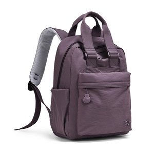 Close-up of deep purple nylon backpack showing mesh straps and side storage pockets