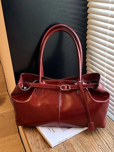 Vintage burgundy patent leather tote bag with gold buckle and large capacity