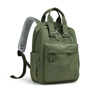 Detail view of military green nylon backpack featuring breathable mesh shoulder straps