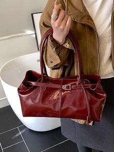 Retro burgundy patent leather tote bag for women with elegant gold buckle strap details