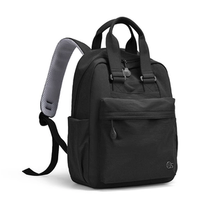 Detail view of black lightweight nylon backpack with breathable grey mesh shoulder straps