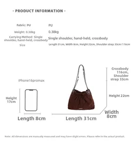 Size guide for large quilted bucket bag showing 31cm width and storage capacity