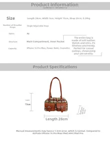 Detailed size chart of vintage brown checkered shoulder bag showing 28cm x 15cm dimensions
