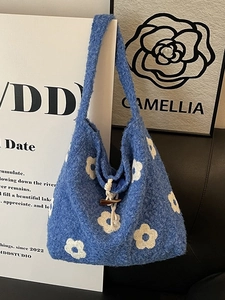 Blue floral plush tote bag with drawstring closure and toggle button for women