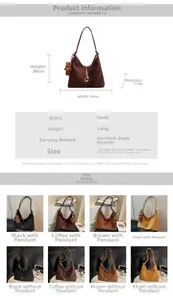 Detailed size specifications for the large suede tote bag with dimensions and cute bear charm