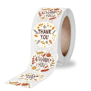 Roll of pumpkin and autumn leaf Thank You stickers for Thanksgiving packaging and gifts