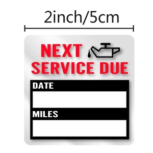 Adhesive oil change reminder window stickers with Date and Miles fields, 2x2 inch size