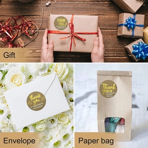 Gold foil Thank You stickers for small business gifts on boxes, envelopes, and paper bags