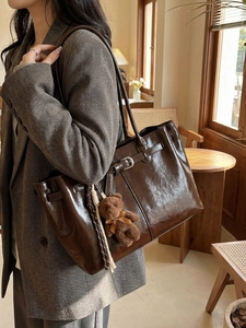Retro dark brown leather tote bag with long straps and cute bear charm for women